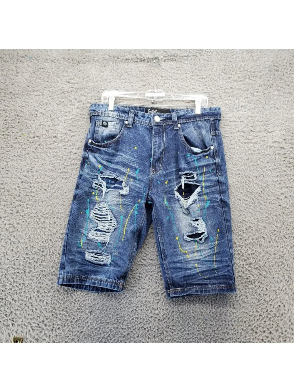 Switch Shorts Mens 32 Blue Distressed Paint-Splatter Design Durable Denim *Read*